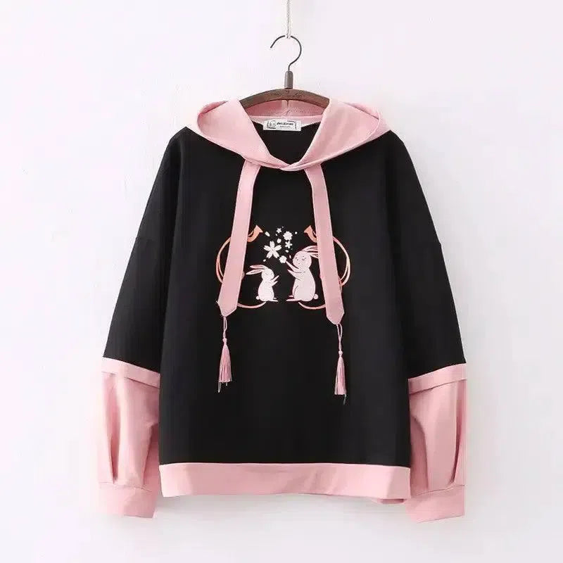 Cartoon Double Rabbit Print Hooded Student Hoodie-Black-2