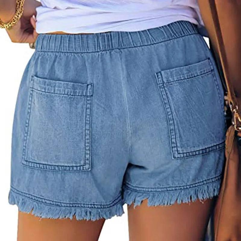 Casual Drawstring Elastic Waist Frayed Hem Loose Short Jeans-3