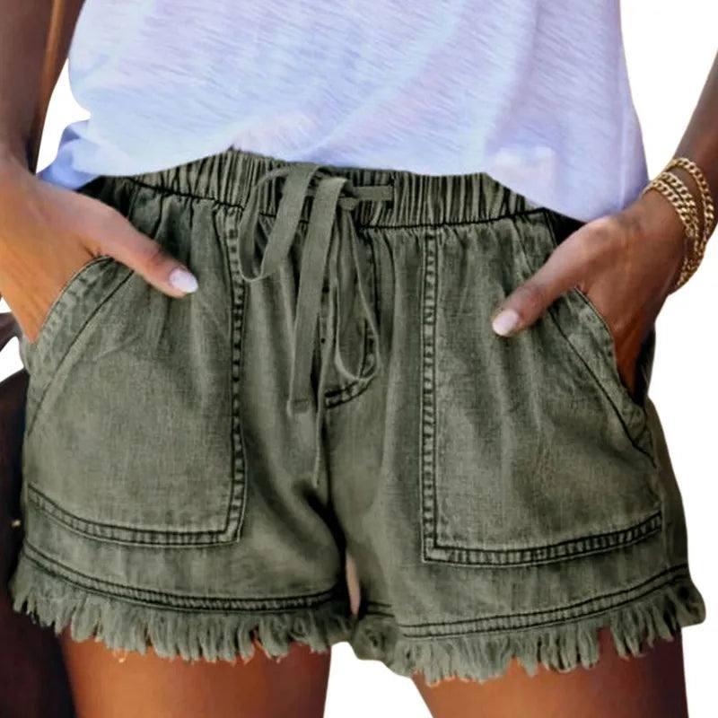 Casual Drawstring Elastic Waist Frayed Hem Loose Short Jeans-Green-5