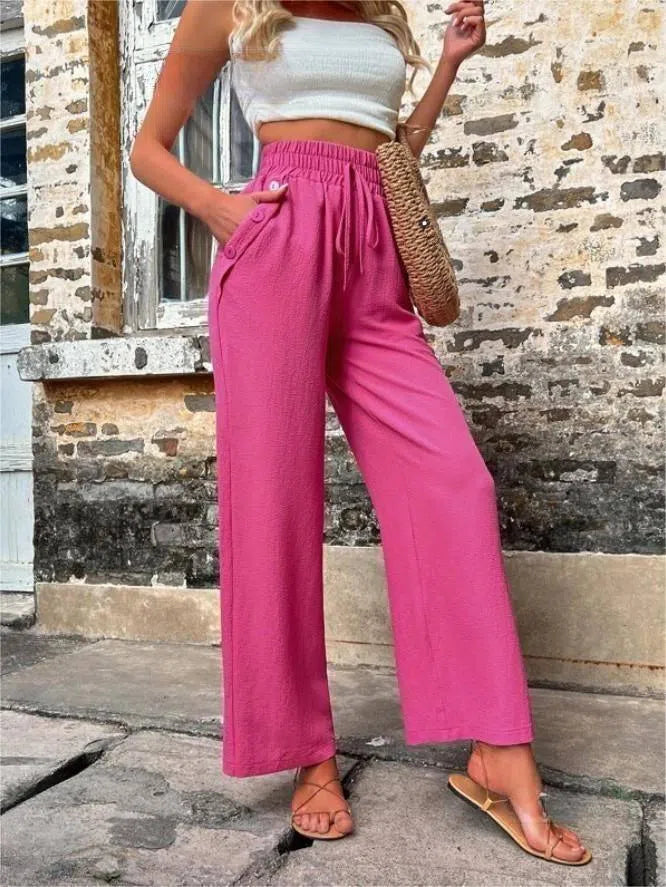 New Casual Pants With Pockets Elastic Drawstring High Waist Loose Trousers For Women-Pink-10