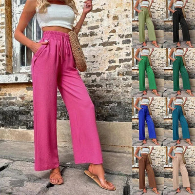 New Casual Pants With Pockets Elastic Drawstring High Waist Loose Trousers For Women-1