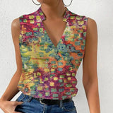 Casual Printed Tops Summer V-neck Sleeveless T-shirt Womens-Figure 4-4