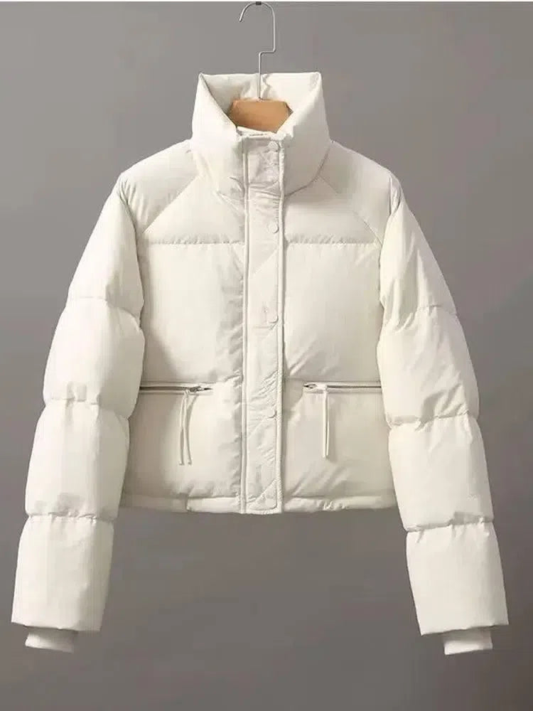 Casual Short Winter Jacket Women Stand Collar Zipper High-White-1