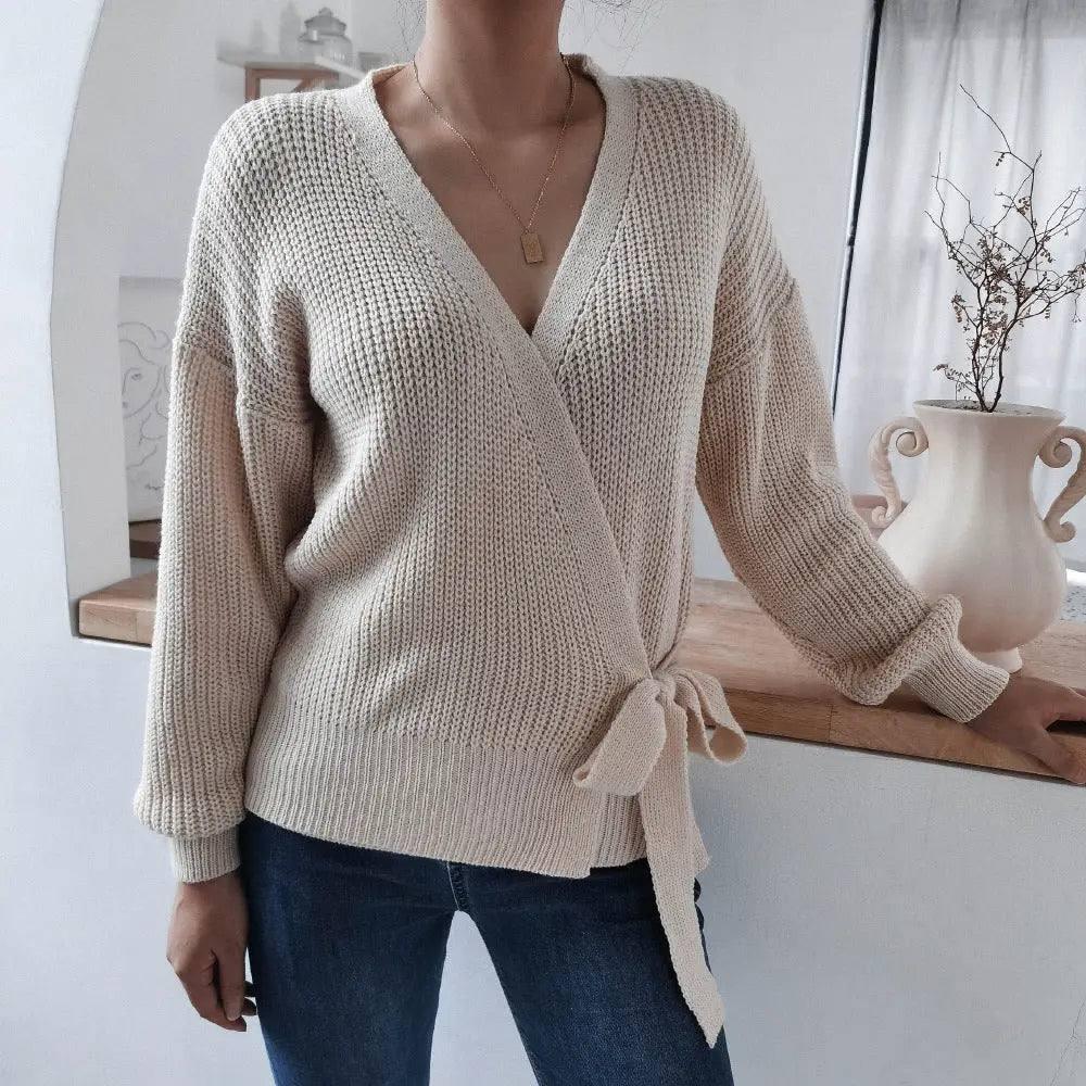 Casual V-neck tie knotted sweater sweater-1