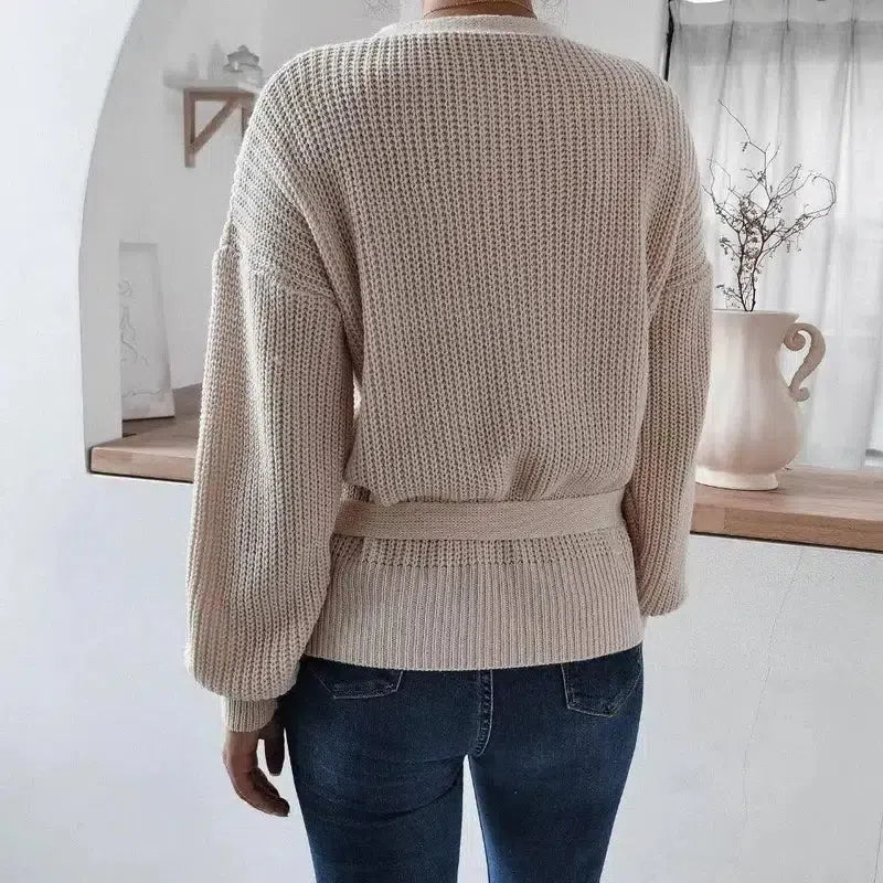 Casual V-neck tie knotted sweater sweater-3