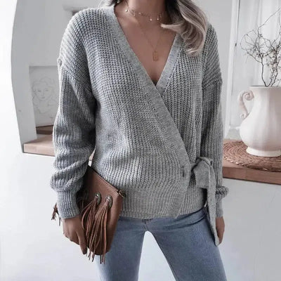 Casual V-neck tie knotted sweater sweater-Grey-8