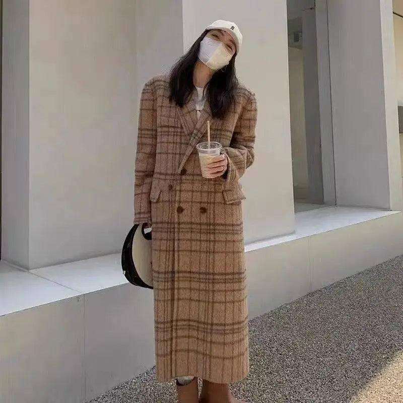 Checked Double-sided Wool Coat For Women Long Knee-length-Camel-1