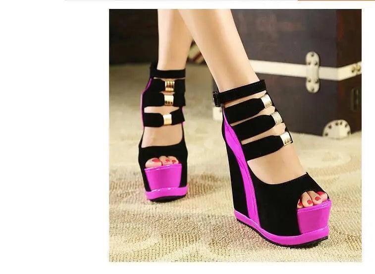 Chic Black & Pink Strappy Wedge Heels | Trendy Footwear-4