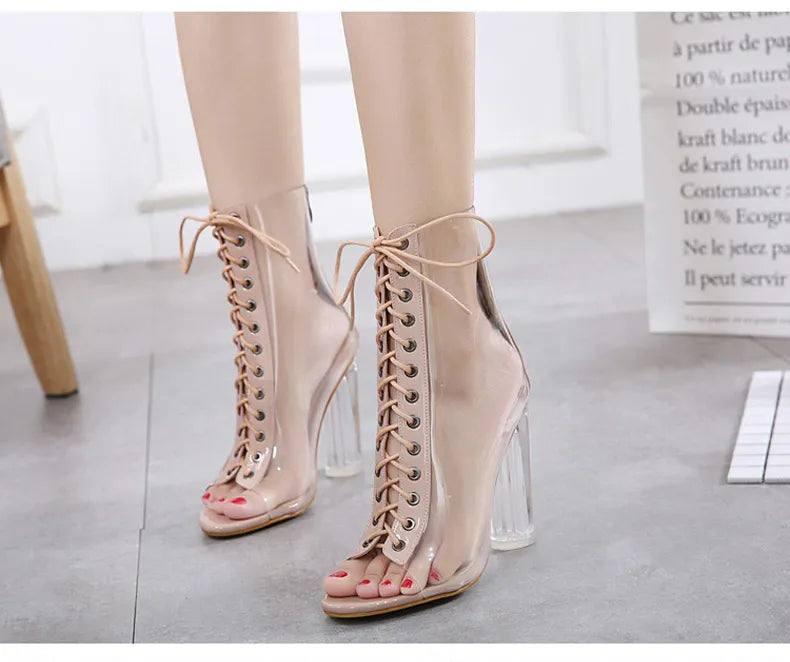 Chic Clear Heel Booties: Trendy Lace-up Ankle Boots-6