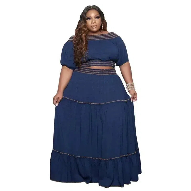 3xl 4xl Womans Plus Size Sets Dew Shoulder Short Sleeves Crop Top Two Piece Set Elegant Maxi Skirts Wholesale Dropshipping-Blue-8