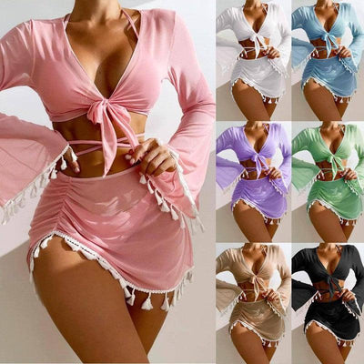 Chic Tassel Beachwear Sets: Trendy Tie-Front Cover-Ups-1