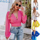 Chiffon Shirt V Neck Tie Bow Crop Top Women's-1