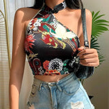 Chinoiserie Printed Halter Neck Buttoned Navel Crop Top-1