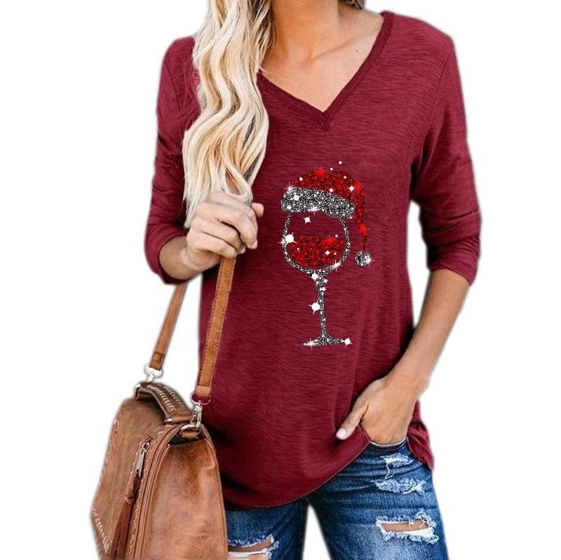 Christmas Wine Glass Print Plus Size Women Clothing-Wine Red-5