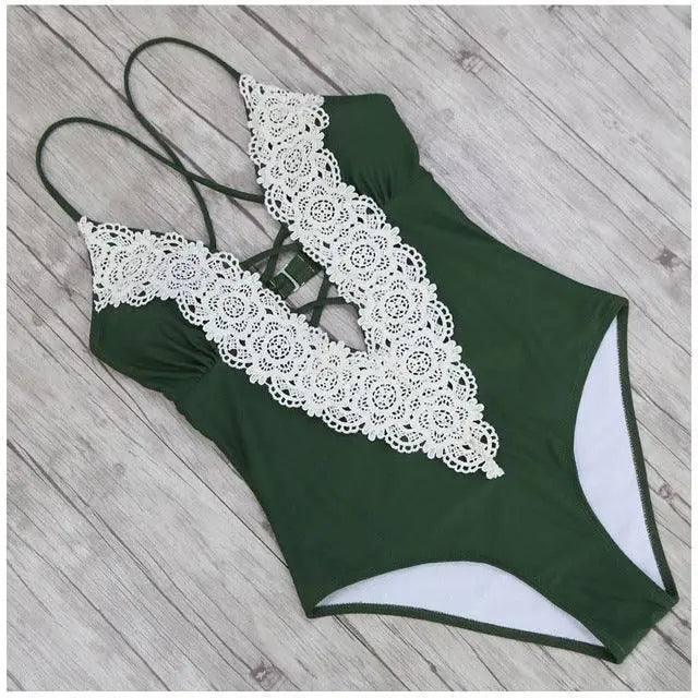 Costume Bikini Swimming Swimwear Swimsuit Women One Piece-Green-2