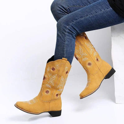 Cowboy Boots Women Sunflower Embroidery Shoes Low Heel-5