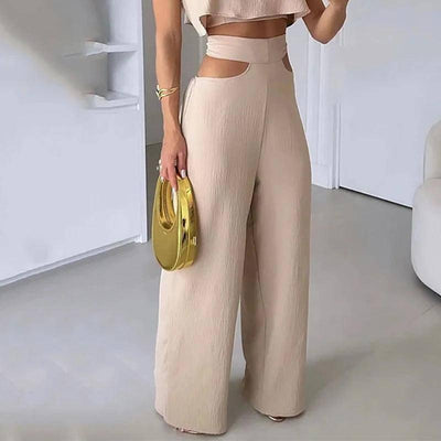 Cross-border Solid Color Sling Top Casual Hollow-out Trousers Suit-6