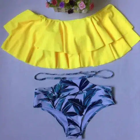 Cute double ruffled swimwear printed shorts one-shoulder-Yellow-4