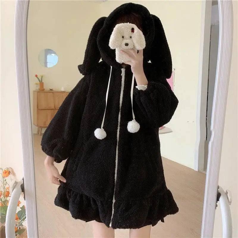 Cute Ears Hooded Padded Lamb Wool Coat-White-3