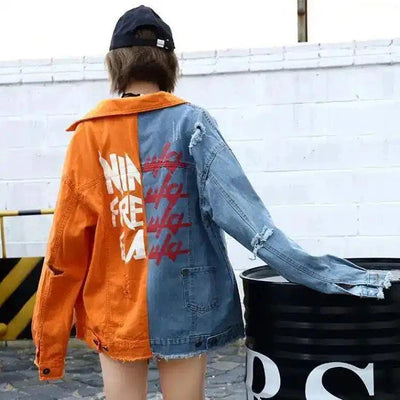 Denim jacket with printed letters-Orange-2