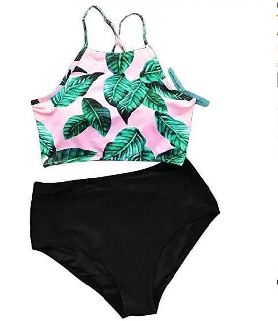 Digital Printed High Waist Split Bikini Swimsuit-Greenleaf-2