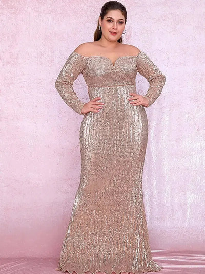 LOVE&LEMONADE Plus Size Rose Gold Deep V-Neck Off-The-Shoulder Bodycon Elastic Sequins Maxi Dress LM80273PLUS-1