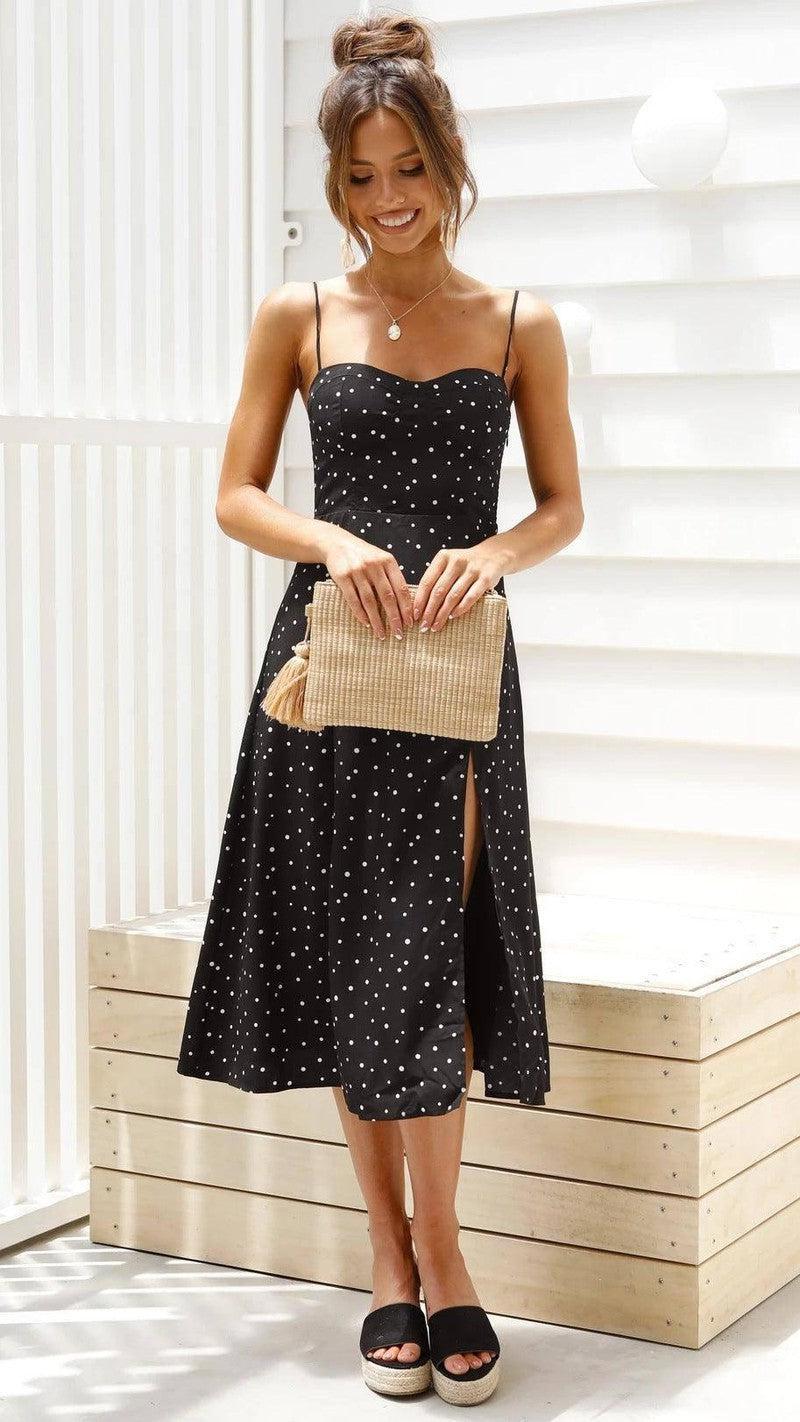 Elegant Polka Dot Slit Dress with Suspender Design-2