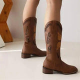 Embroidered Square Toe Mid-heel Boots For Women-1