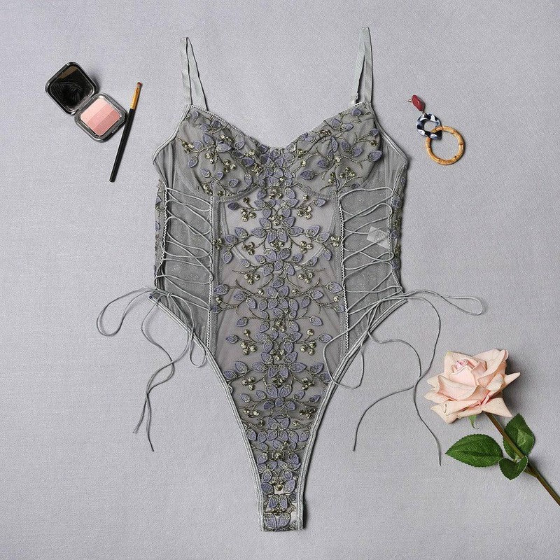 Lingerie Lace Flower Embroidery Lace-Up-Grey-6