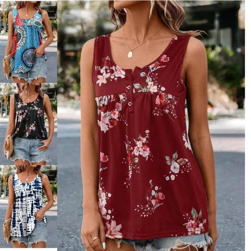 European And American Printed Round Neck Button Sleeveless Vest-3