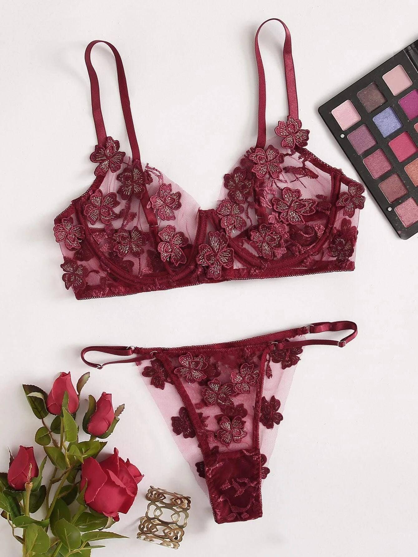 European And American Underwear Set Sexy Sweet Mesh-Wine Red-6