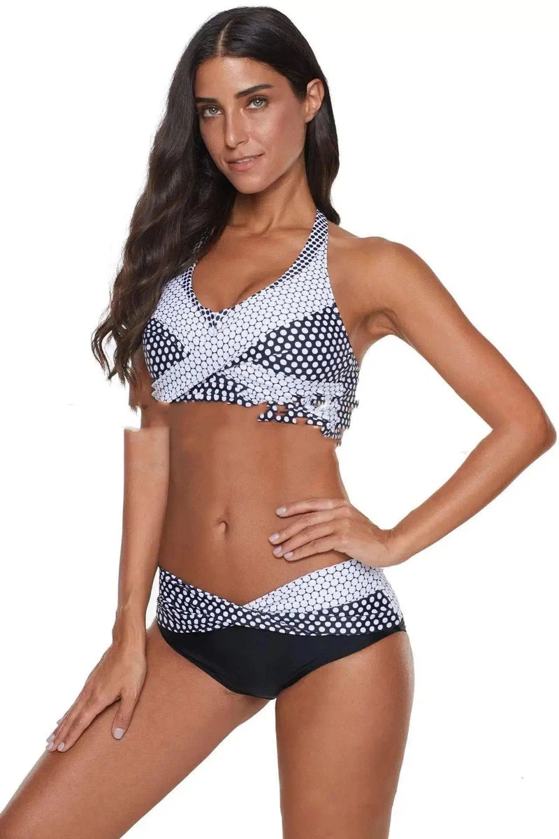 European And Beautiful Gathered Split Swimsuit-blackwhite-1