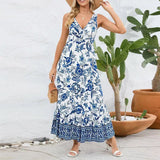 Fashion Floral Print V-neck Dress Summer Slim Fit Sleeveless Long Dress-9