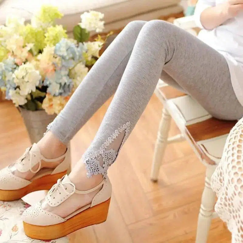 Fashion Ladies Crochet Lace Leggings-Light Grey-5