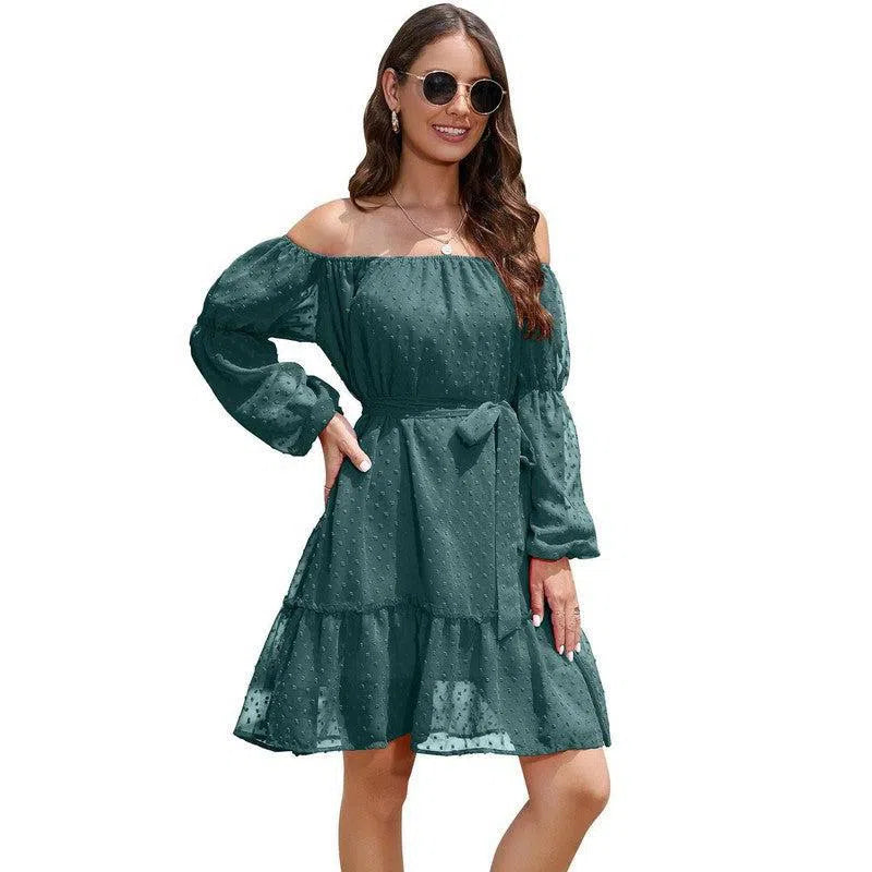 Fashion One-shoulder Long Sleeve Dress For Women Tie Waist Off-shoulder Bubble Dot Ruffle Design Chiffon Dress-Dark Green-7