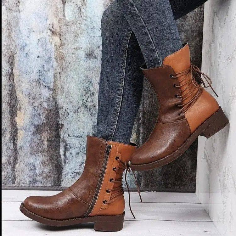 Fashion Round Head Belt Buckle Thick Heel Martin Boots Women-Light brown-4