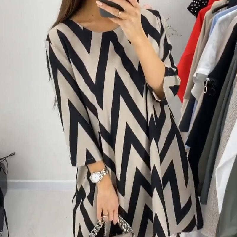 Fashion Round Neck Loose Slimming Stripes Dress-8