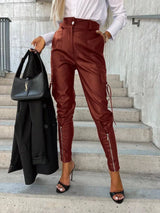 Fashion Slim-fitting Leather Trousers Women Waist-cinching Zipper Design Pants With Pockets-Red Brown-2