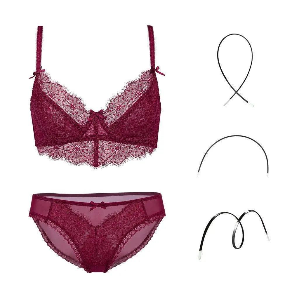 Fashion Transparent Women Bra And Panties Set Embroidery-Redwine-2