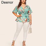 Deenor L-5xl Women's V-neck Short Sleeve Print Waist Tie Loose Chiffon Top Plus Size Ol Commuter Tie-up Pullover Top-4