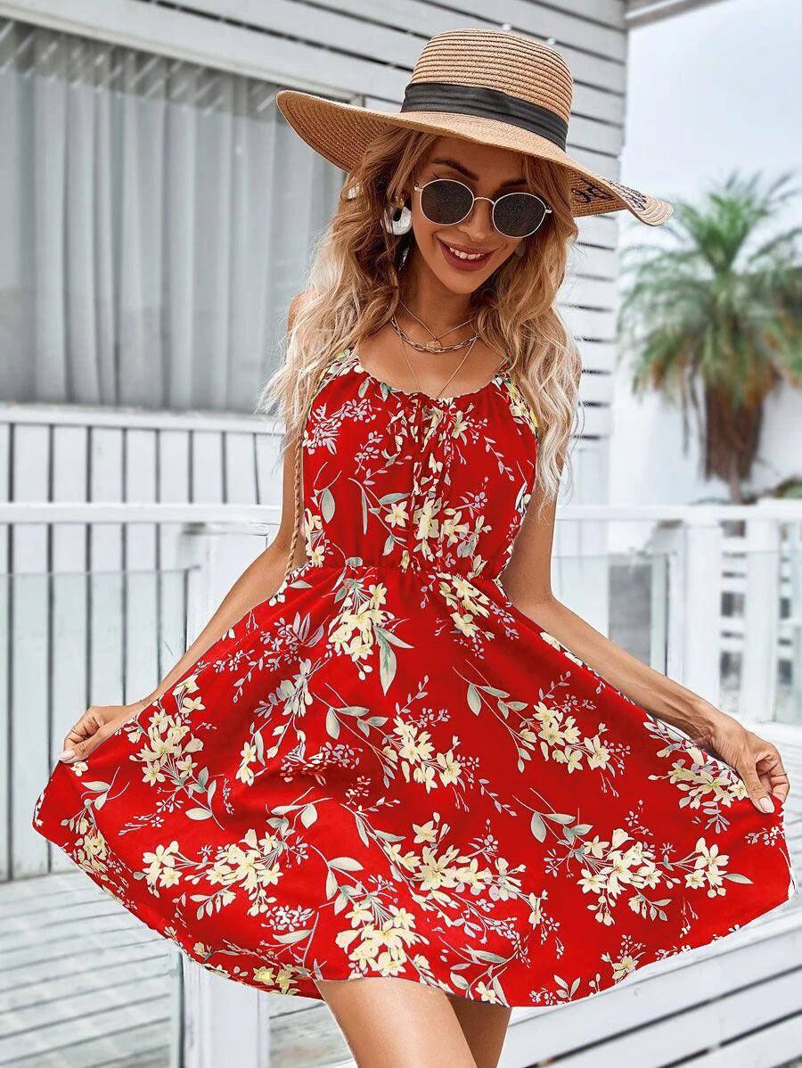 Floral Print Suspender Dress With Elastic Waist Design-Red-5