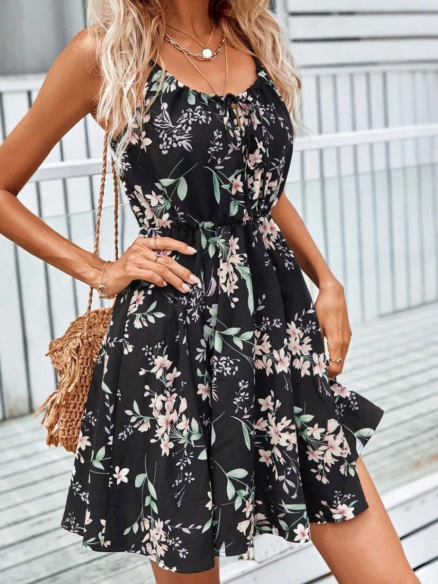 Floral Print Suspender Dress With Elastic Waist Design-Black-7