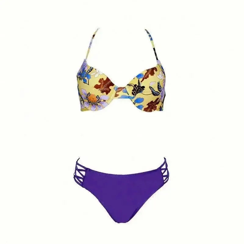 Flower bikini strap solid color hard cover swimsuit-Yellowpurple-1
