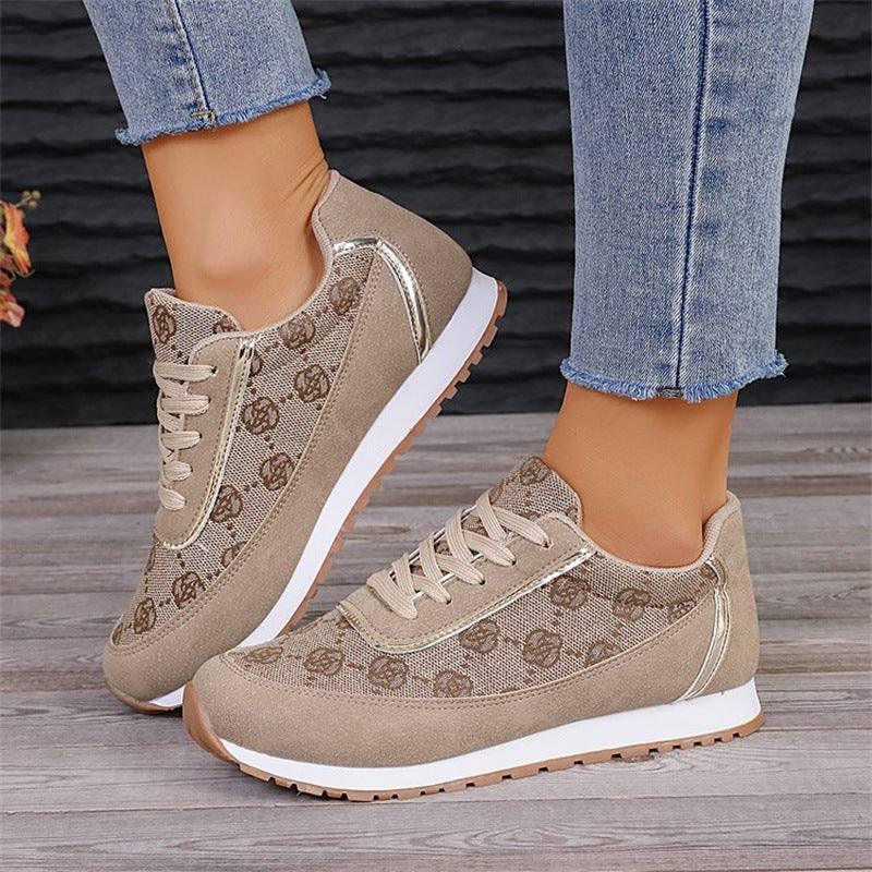 Flower Print Lace-up Sneakers Casual Fashion Lightweight Breathable Walking Running Sports Shoes Women Flats-Camel-1