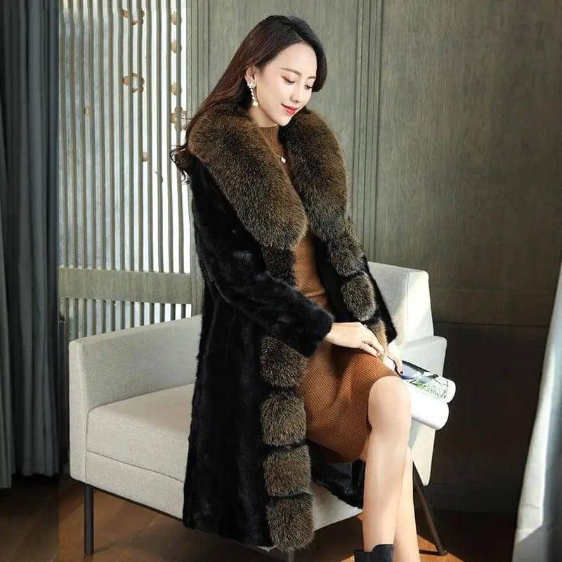 Fox Fur Collar Mink Women's Coat-Bleached gold-3