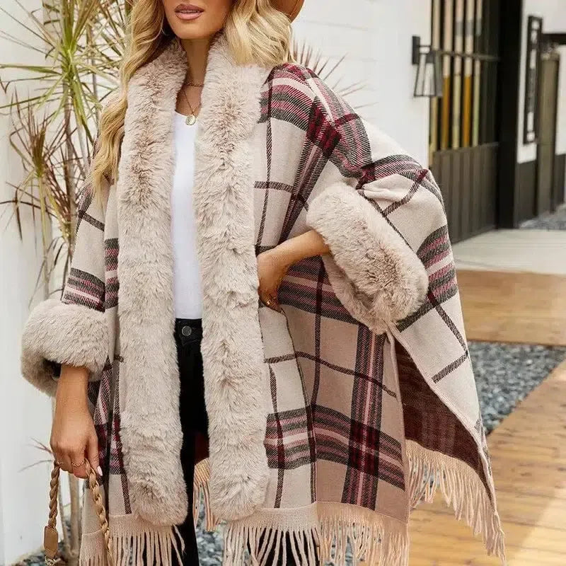 Fringe Cardigan Plaid Shawl Sweater Women's Dress-Beige-8