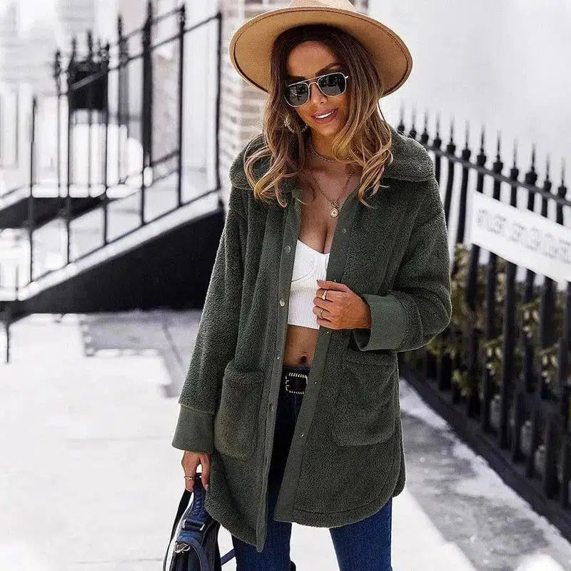 Furry Long Coat Winter Long-sleeved Double-faced Fleece Coat-Armygreen-6