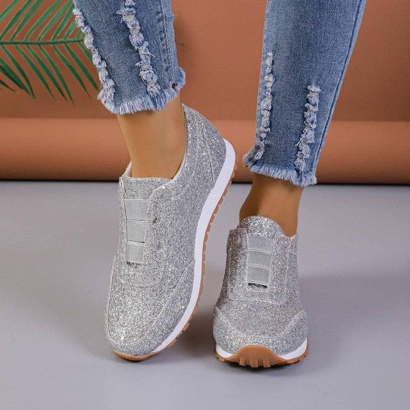 Gold Sliver Sequined Flats New Fashion Casual Round Toe Slip-on Shoes Women Outdoor Casual Walking Running Shoes-Silver-2