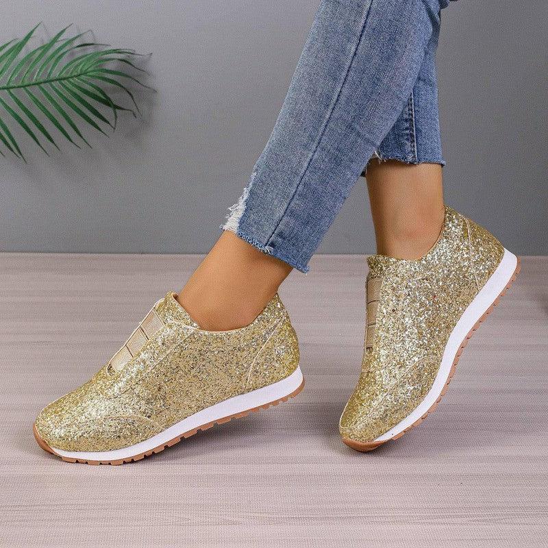 Gold Sliver Sequined Flats New Fashion Casual Round Toe Slip-on Shoes Women Outdoor Casual Walking Running Shoes-Gold-4