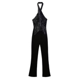 Halter Backless Tassel Beads Decoration Jumpsuit-XS-2